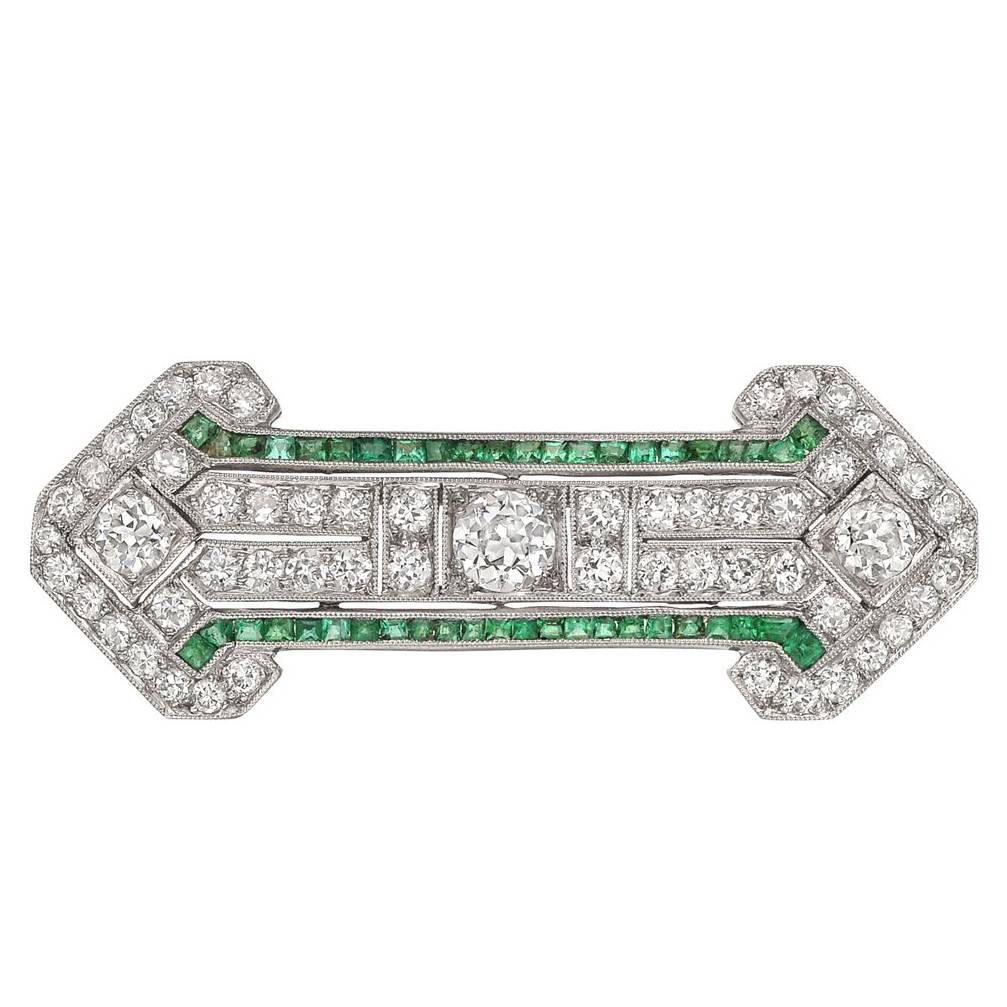 Art Deco Emerald Diamond Bar Pin