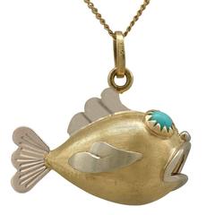 Vintage 1950s Italian Turquoise Yellow Gold 'Fish' Pendant