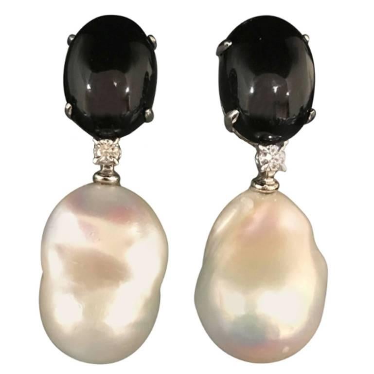 Black Agate and Diamond White Gold Chandelier Earrings