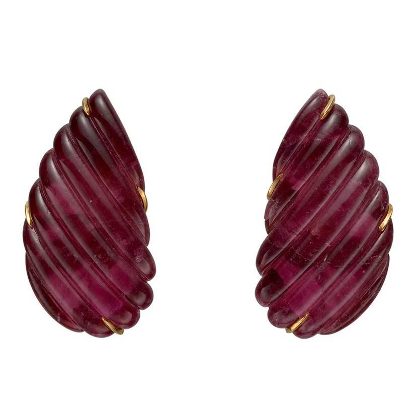 Carved Pink Tourmaline Wing Earclips