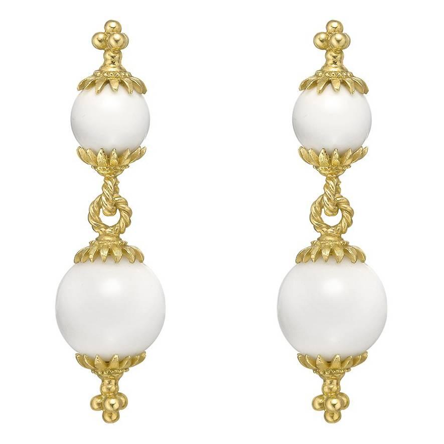 Bielka Yellow Gold White Coral Double Drop Earrings For Sale