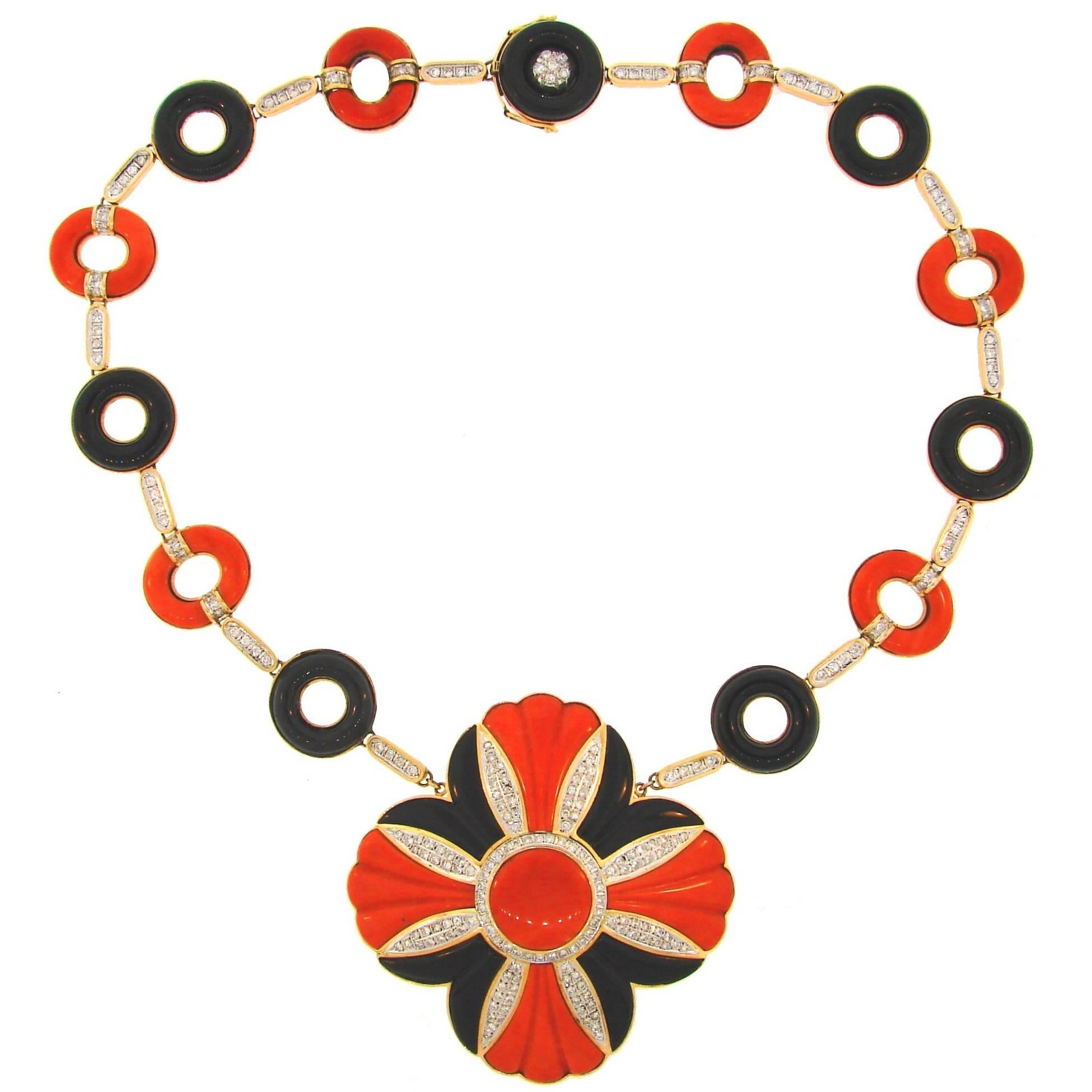1970s Mediterranean Coral Black Onyx Diamond Yellow Gold Necklace