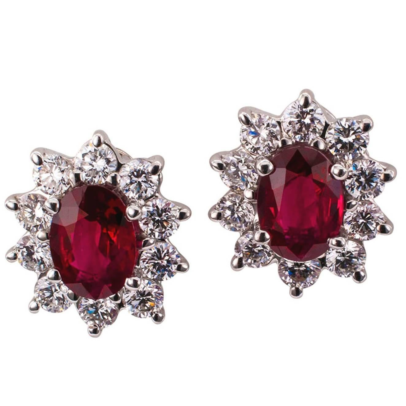 Ruby Diamond White Gold Cluster Earrings