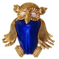 1970s Blue Enamel Diamond Gold Owl Brooch 1