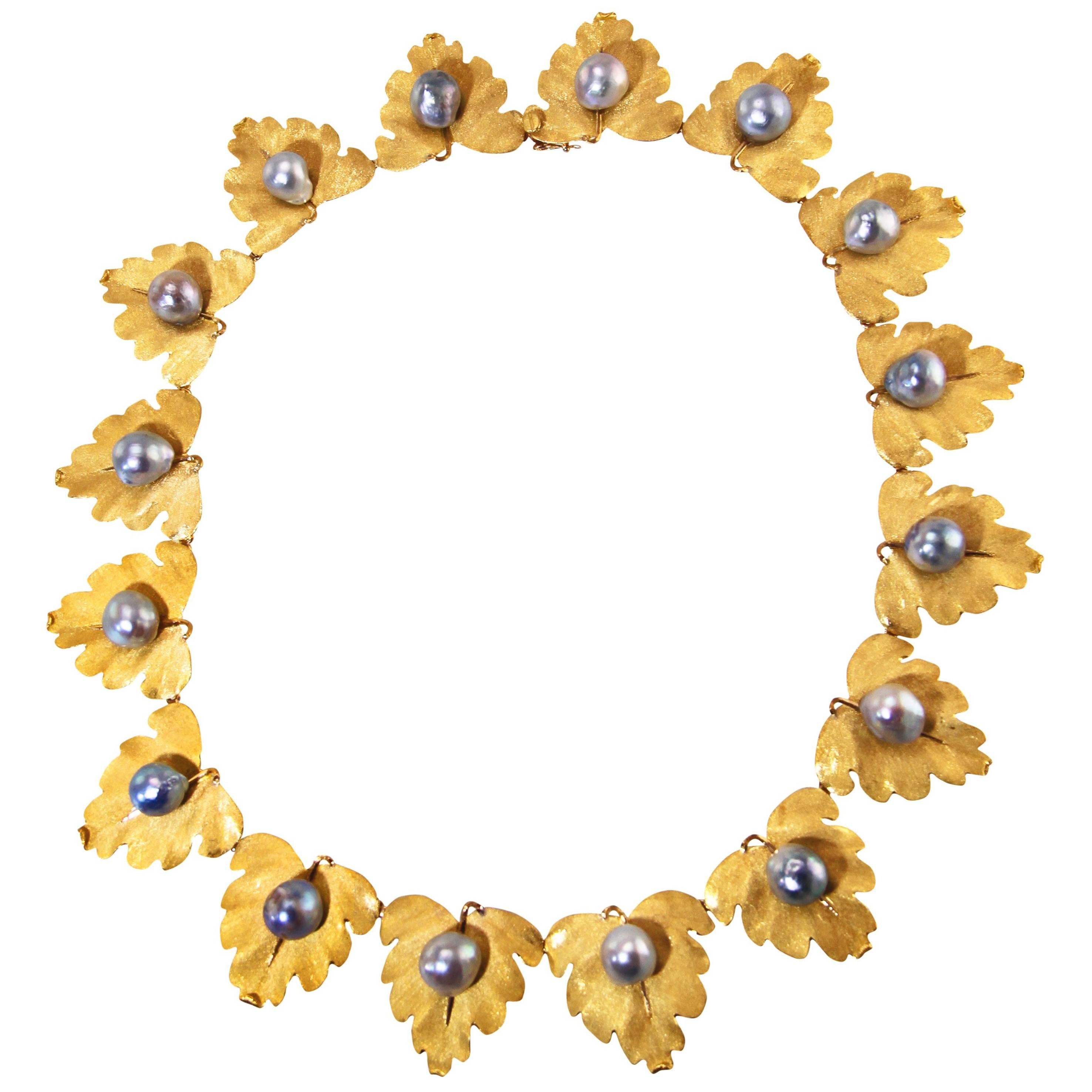Buccellati Cultured Pearl Gold Foliate Necklace For Sale