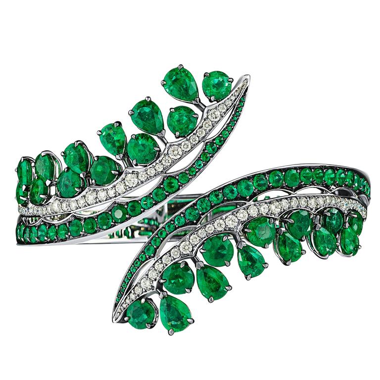 White Gold, White Diamonds and Gemfield Emeralds Cuff Bangle Bracelet