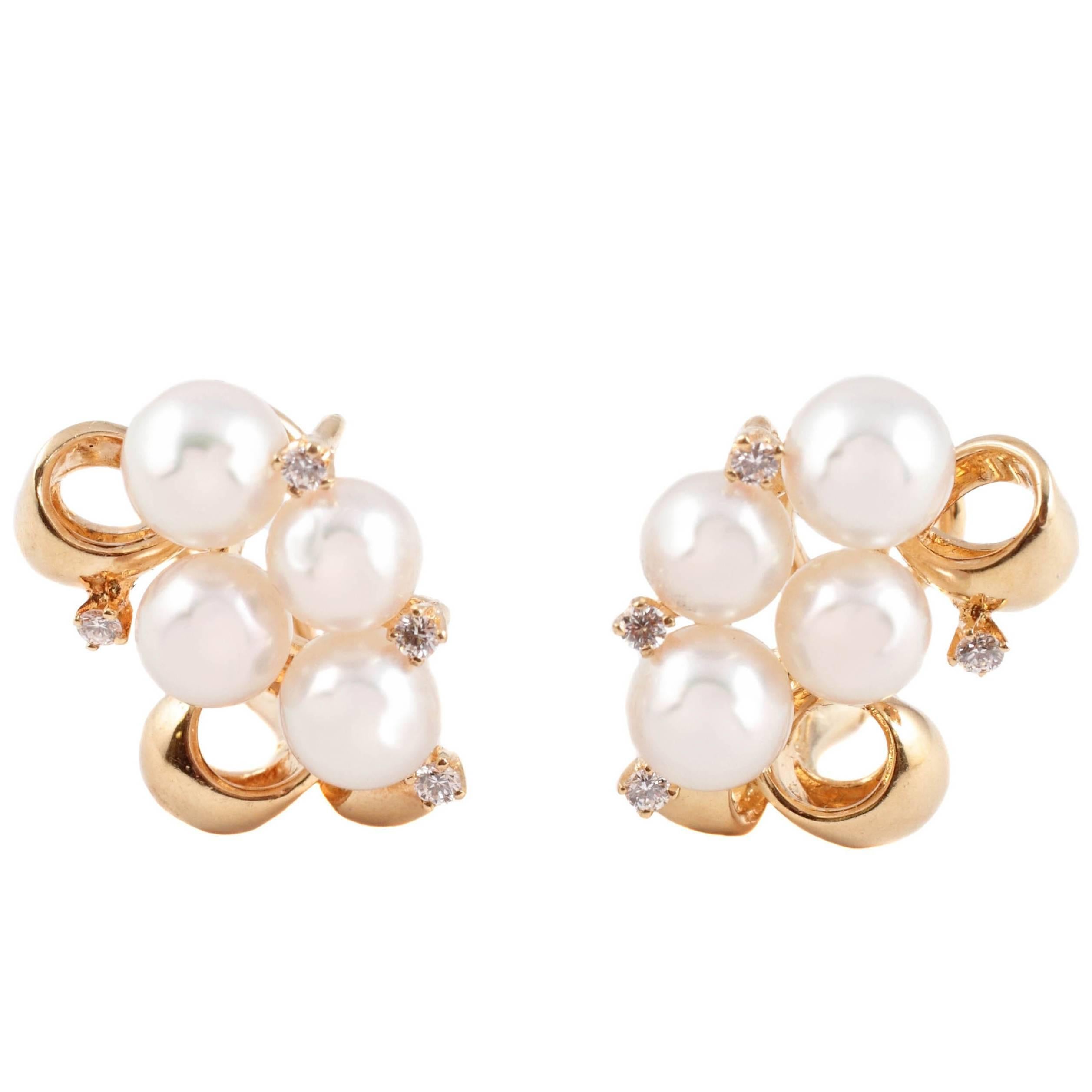 Mikimoto Cultured Pearl Diamond Earrings at 1stDibs