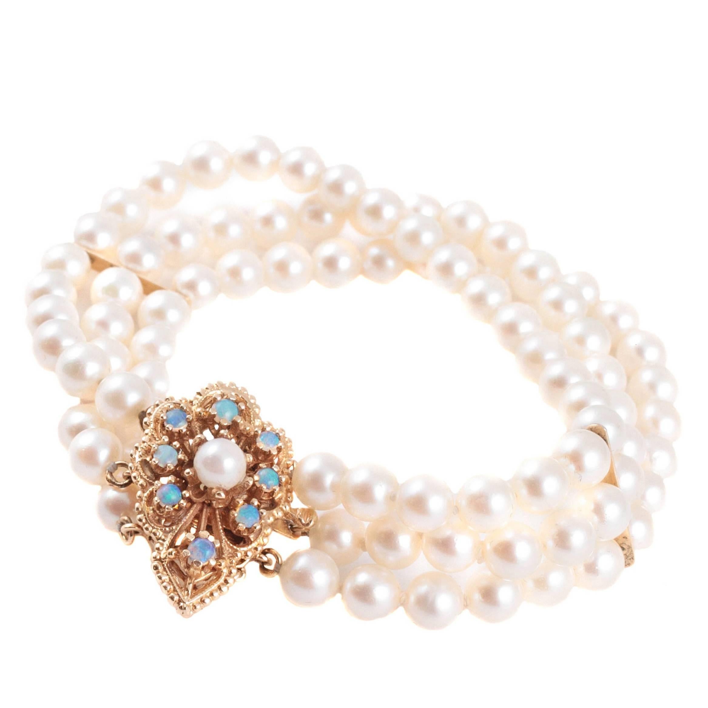 Cultured Pearl Three Strand Yellow Gold Bracelet with Opal Clasp