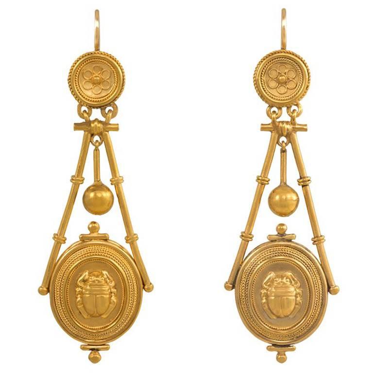 Antique Gold Etruscan Revival Earrings with Scarab Motif Pendants