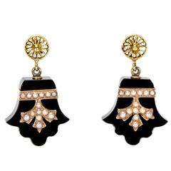 Antique Black Onyx Pearl and 14 Karat Yellow Gold Earrings