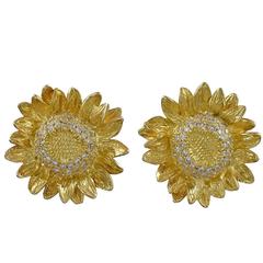 Vintage Asprey Diamond Gold Sunflower Earrings