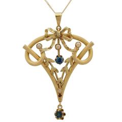 1900s Art Nouveau Ruby Sapphire and Seed Pearl Yellow Gold Pendant 9