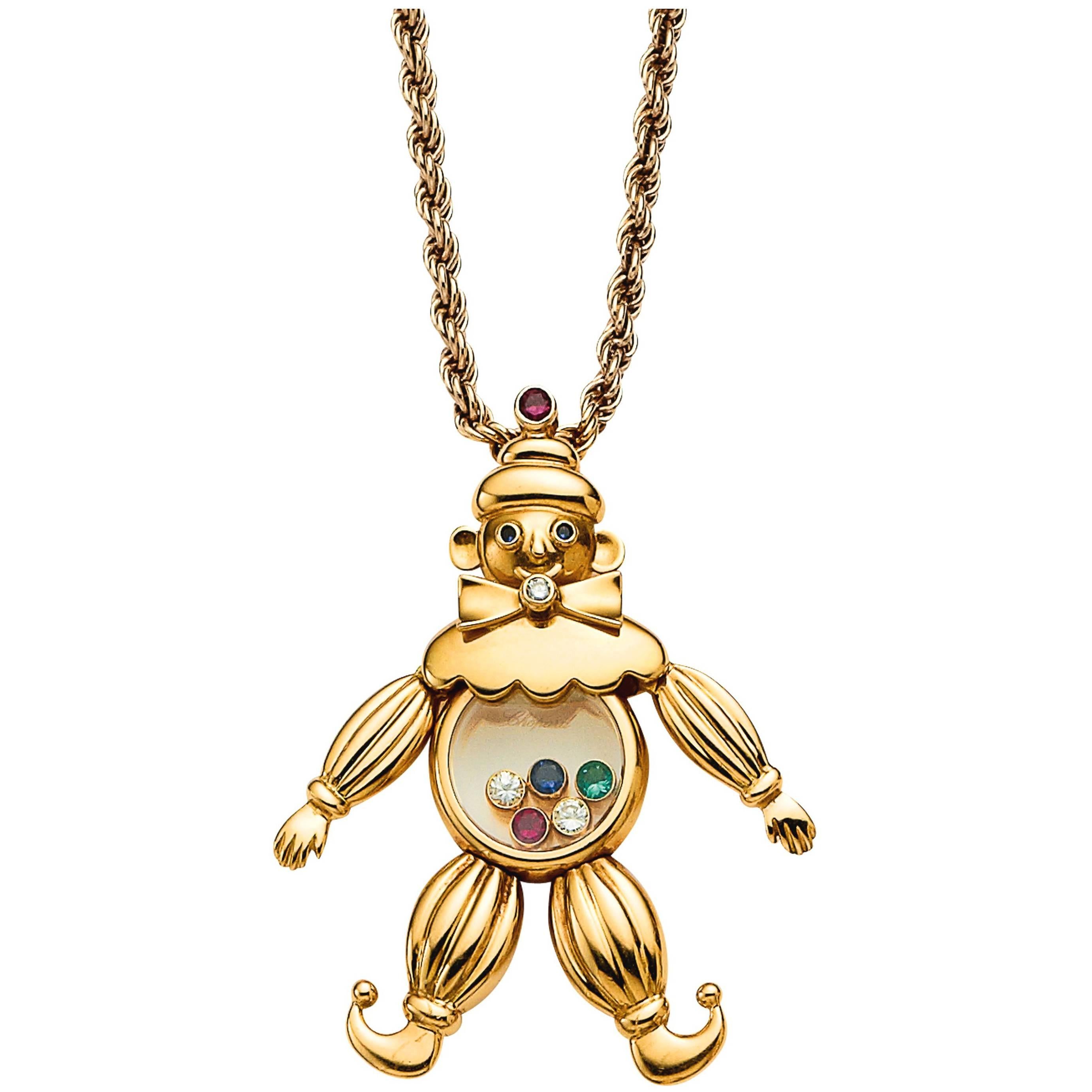1990s Gold Chopard Gem Set Happy Diamonds Clown Necklace