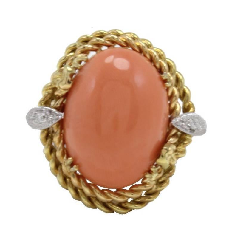 Orange Coral Button, Diamonds, 18K Yellow Gold Dome Ring
