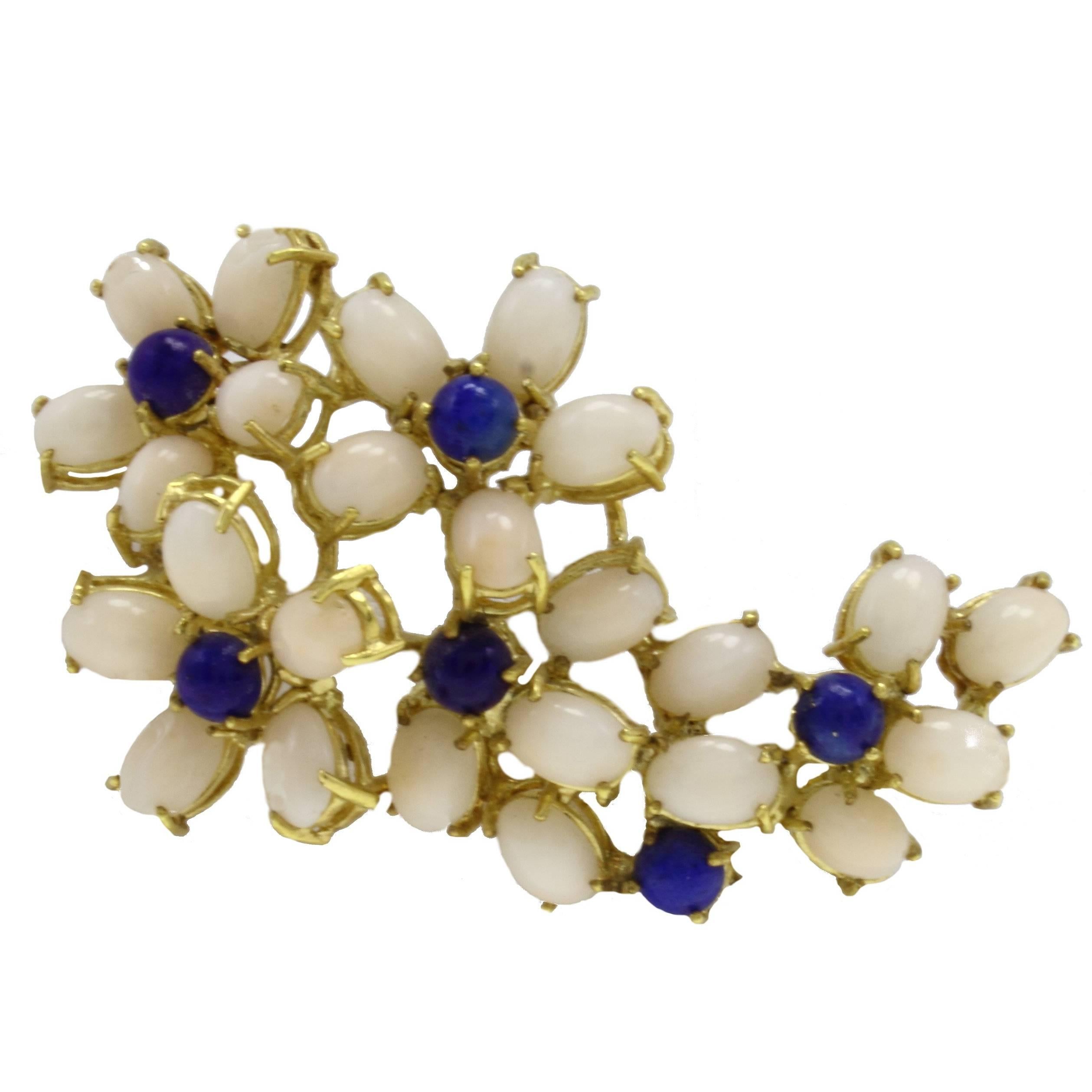 Oval Shape Pink Corals, Lapis Lazuli, 18K Yellow Gold Brooch For Sale