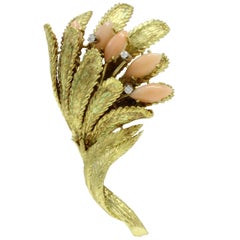 White Diamonds, Navette Shape Pink Corals, 18K Yellow Gold Brooch