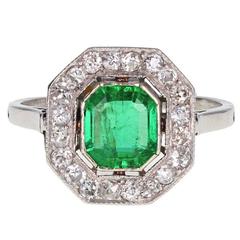 Art Deco Emerald Diamond Platinum Ring 8
