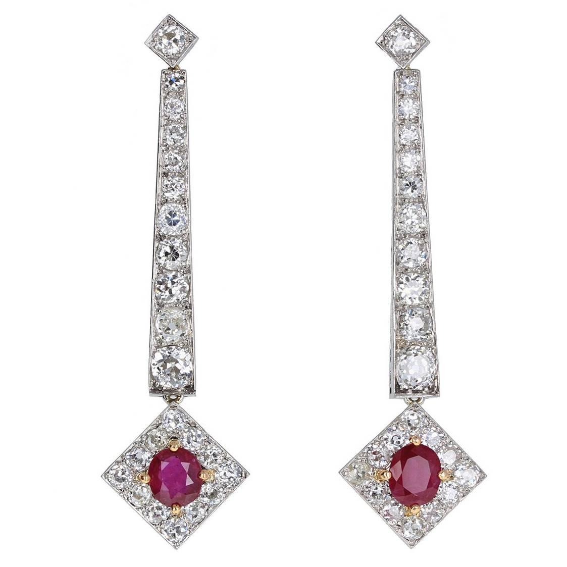 Art Deco Ruby Diamond Platinum Pendant Earrings For Sale