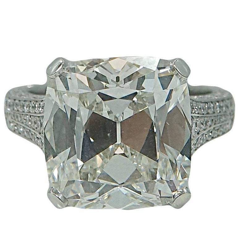 9.16 Carat Antique Cut Cushion Diamond Platinum Engagement Ring For Sale
