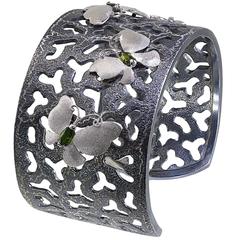 Tourmaline Silver Butterfly Textured Cuff Bracelet One of a Kind Handmade in NYC 9