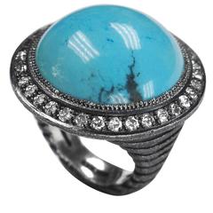 Turquoise Diamond Oxidized Silver Textured Ring One of a Kind Handmade in NYC 9