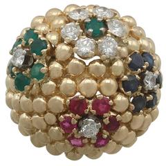 1980s Ruby Sapphire Emerald Diamond Yellow Gold Dress Ring 8