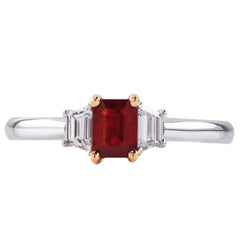 Emerald Cut Ruby Diamond Gold Three-Stone Ring