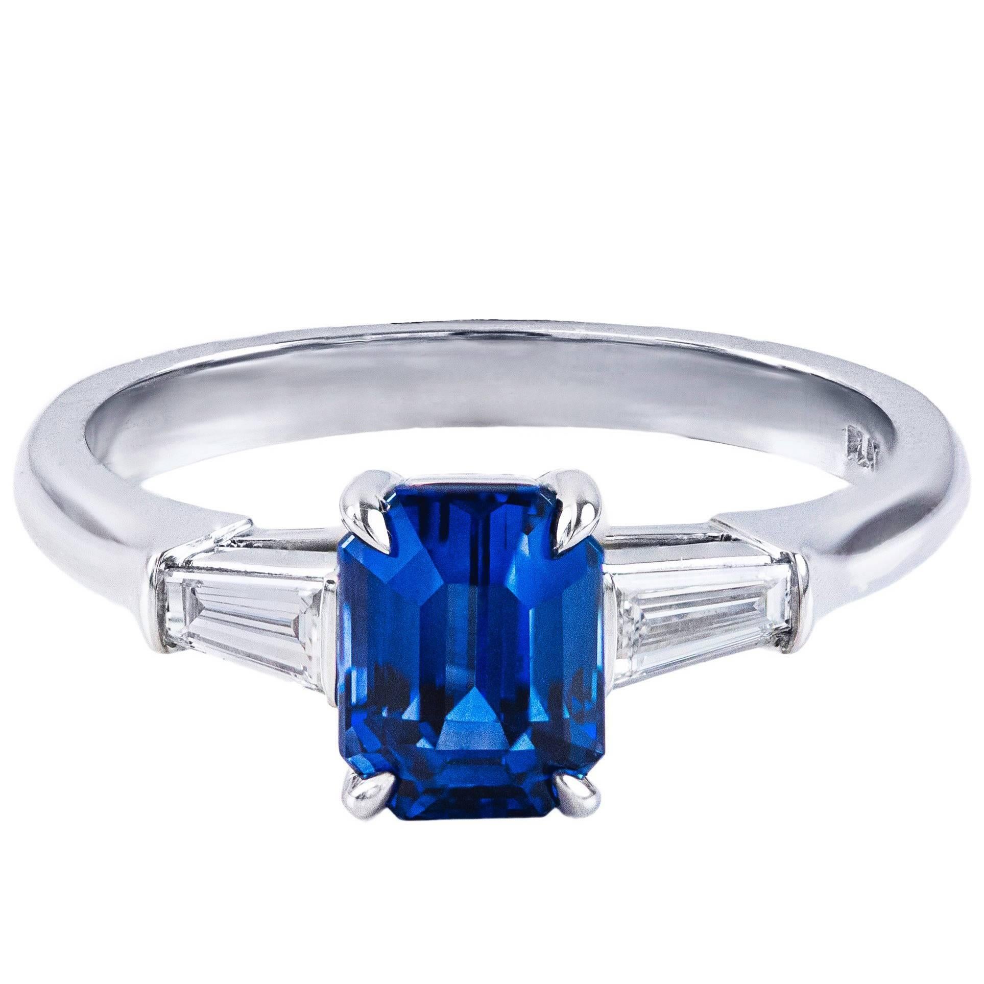 Emerald Cut Sapphire Diamond Platinum Three-Stone Ring