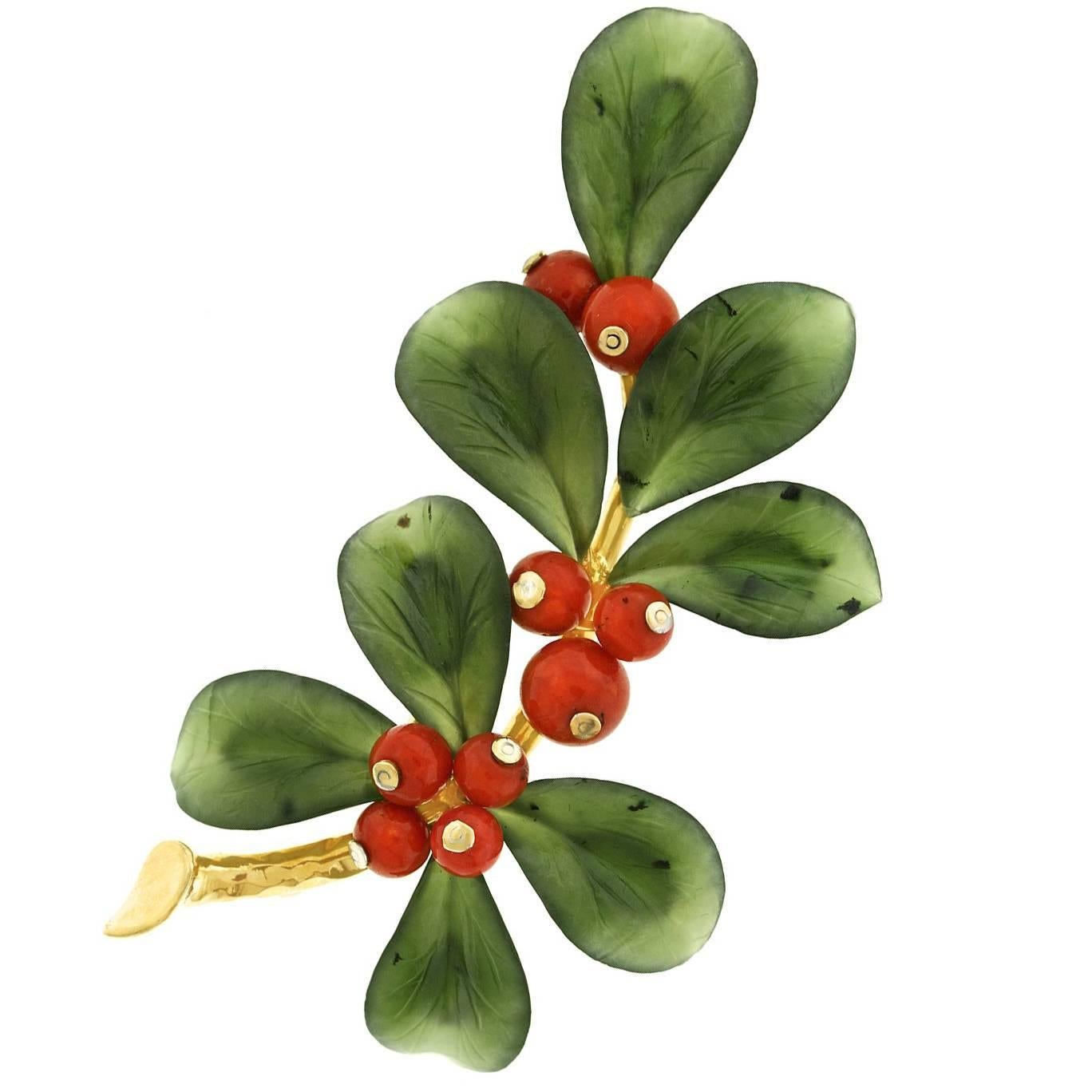 Holly and Berries Jade Coral and Gold Brooch