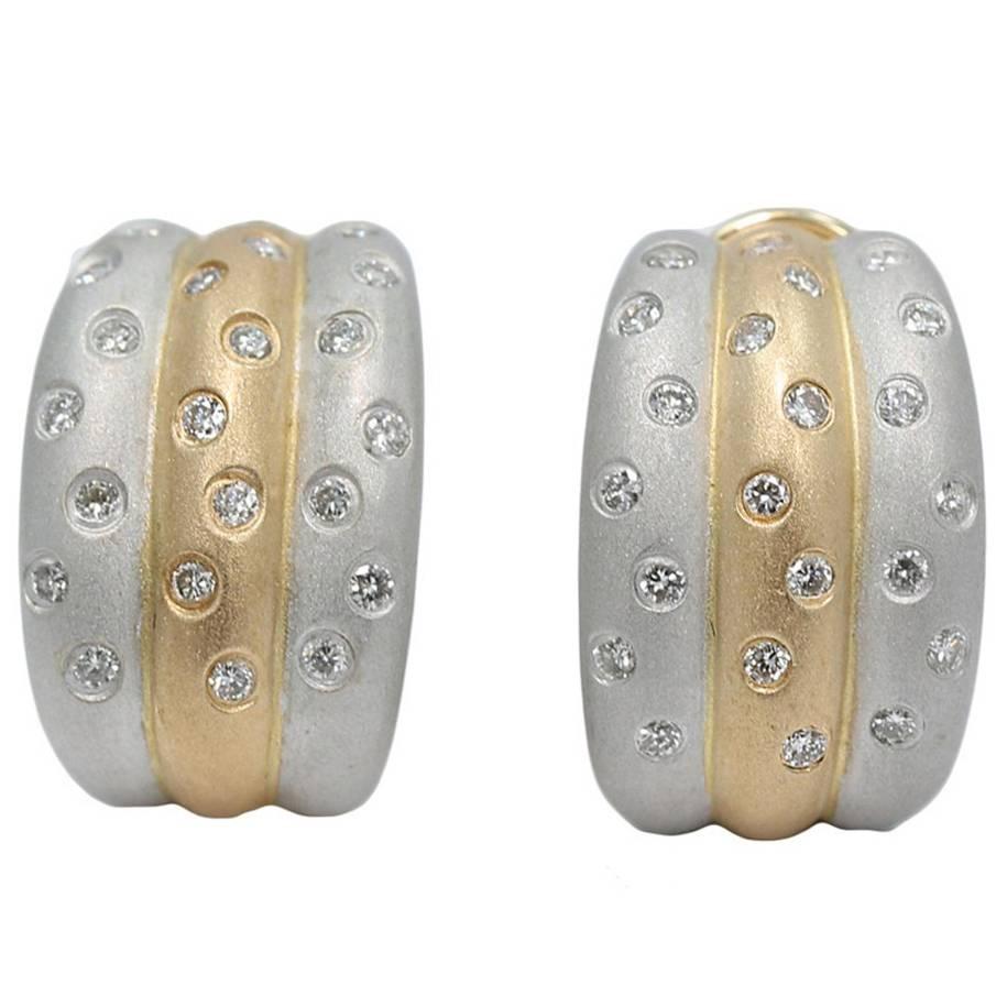 Two Color Gold Brushed Finish Diamond Earrings For Sale