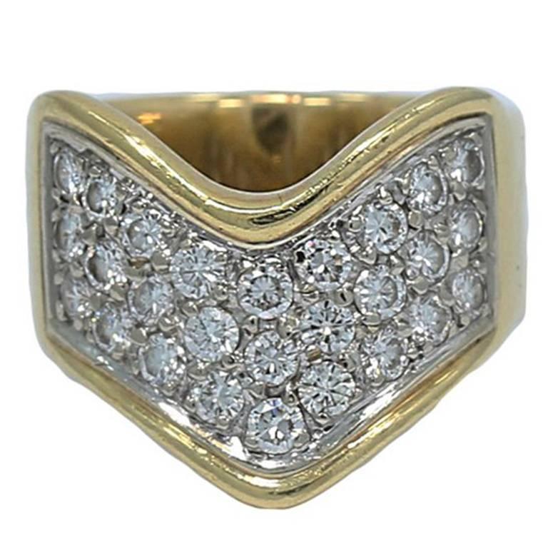 Diamond White and Yellow Gold V Shape Pave Ring For Sale