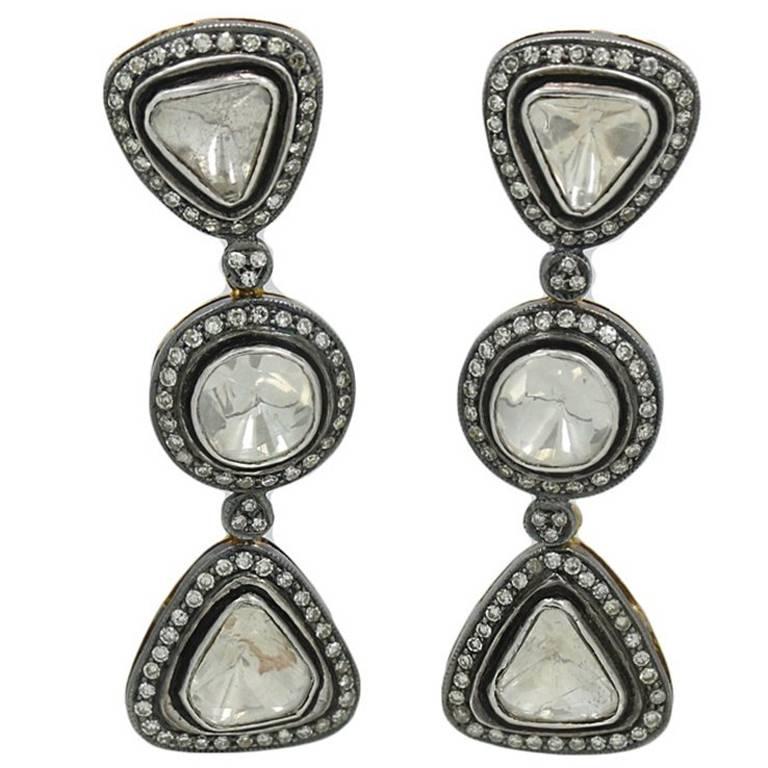 Rose Cut Diamond Silver and Gold Earrings For Sale