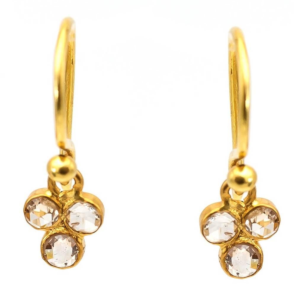Three Rose Cut Diamonds Yellow Gold Cluster Earrings  