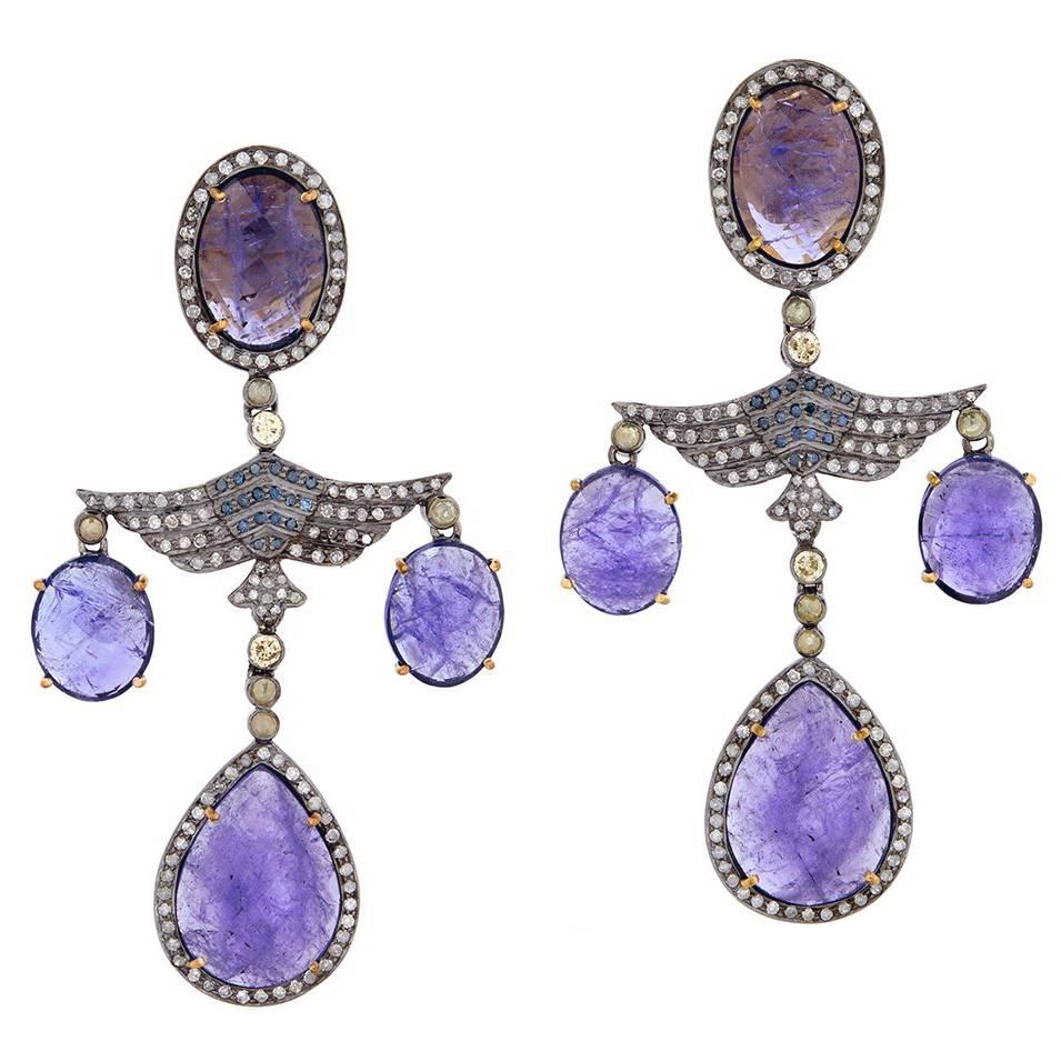 Multishaped Tanzanite Dangle Earrings With Diamonds In 18k Gold & Silver  For Sale