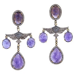 Pendants d'oreilles en or et argent 18 carats avec tanzanites multiformes et diamants 