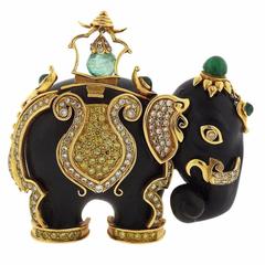 Lotus Arts de Vivre Emerald Diamond Gold Wood Elephant Brooch