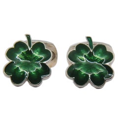 Green Hand Enamelled Cloverleaf Sterling Silver Cufflinks with T-Bar Back