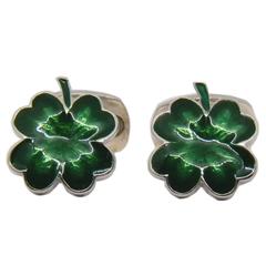 Green Hand Enamelled Cloverleaf Sterling Silver Cufflinks with T-Bar Back 2