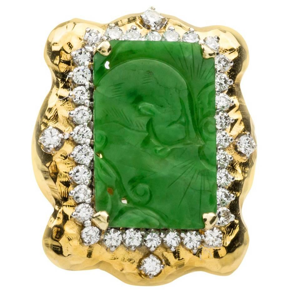 Carved Jade  Diamond Gold Ring