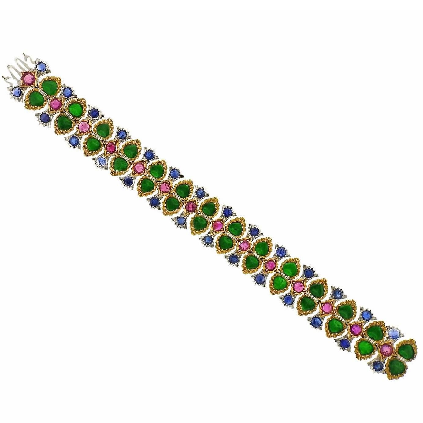 Buccellati Important Carved Jade Ruby Sapphire Gold Bracelet For Sale