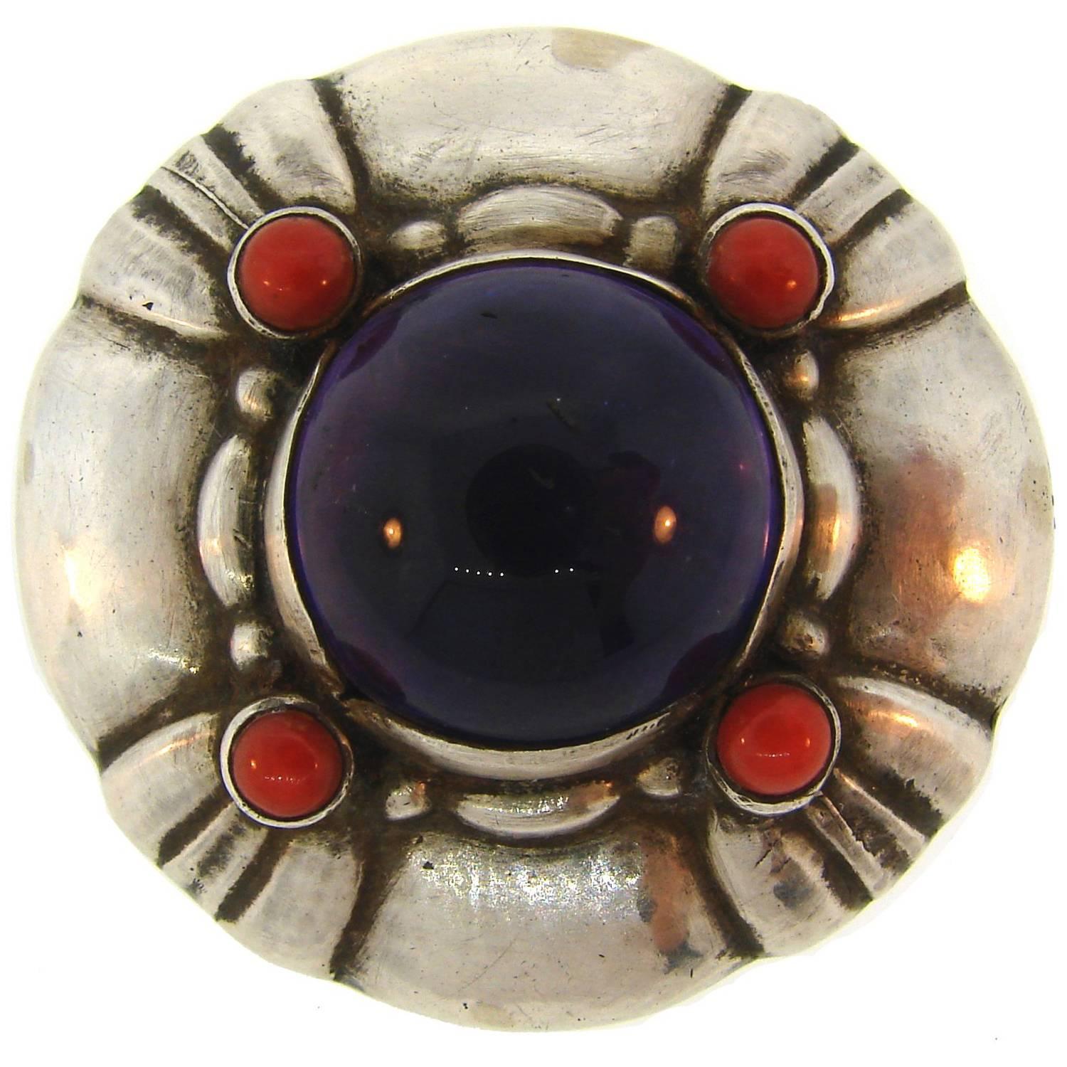 Georg Jensen Amethyst Coral Silver Pin Brooch Clip No.50 For Sale