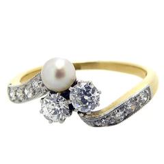 1920s Diamond Pearl Cross over Twist Ring, Diamond Shoulders