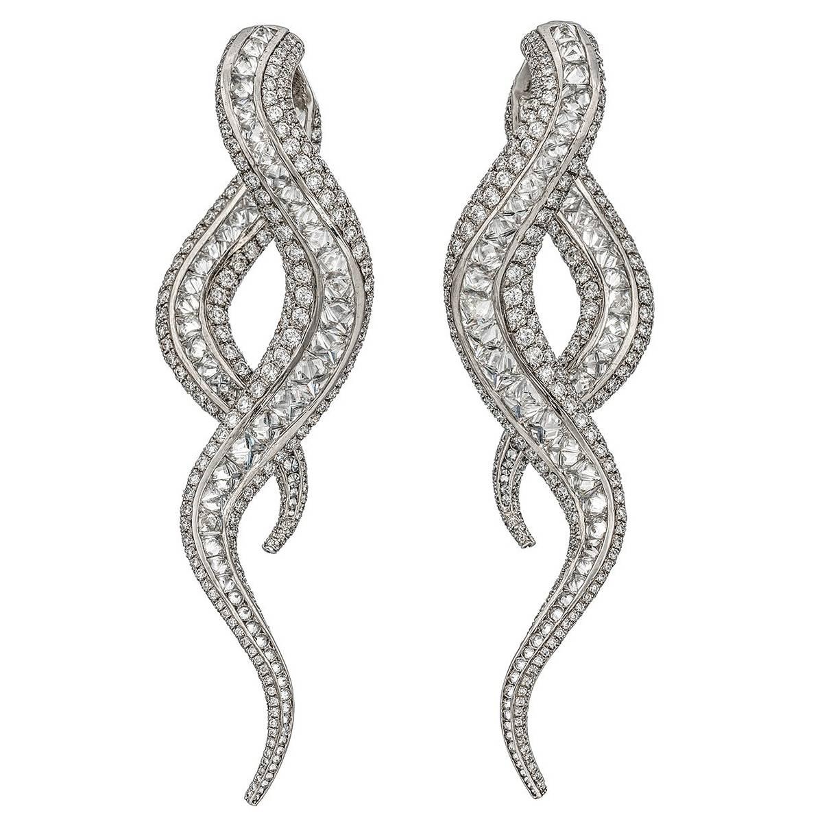 Contemporary Scrolling Diamond White Gold Drop Earrings For Sale