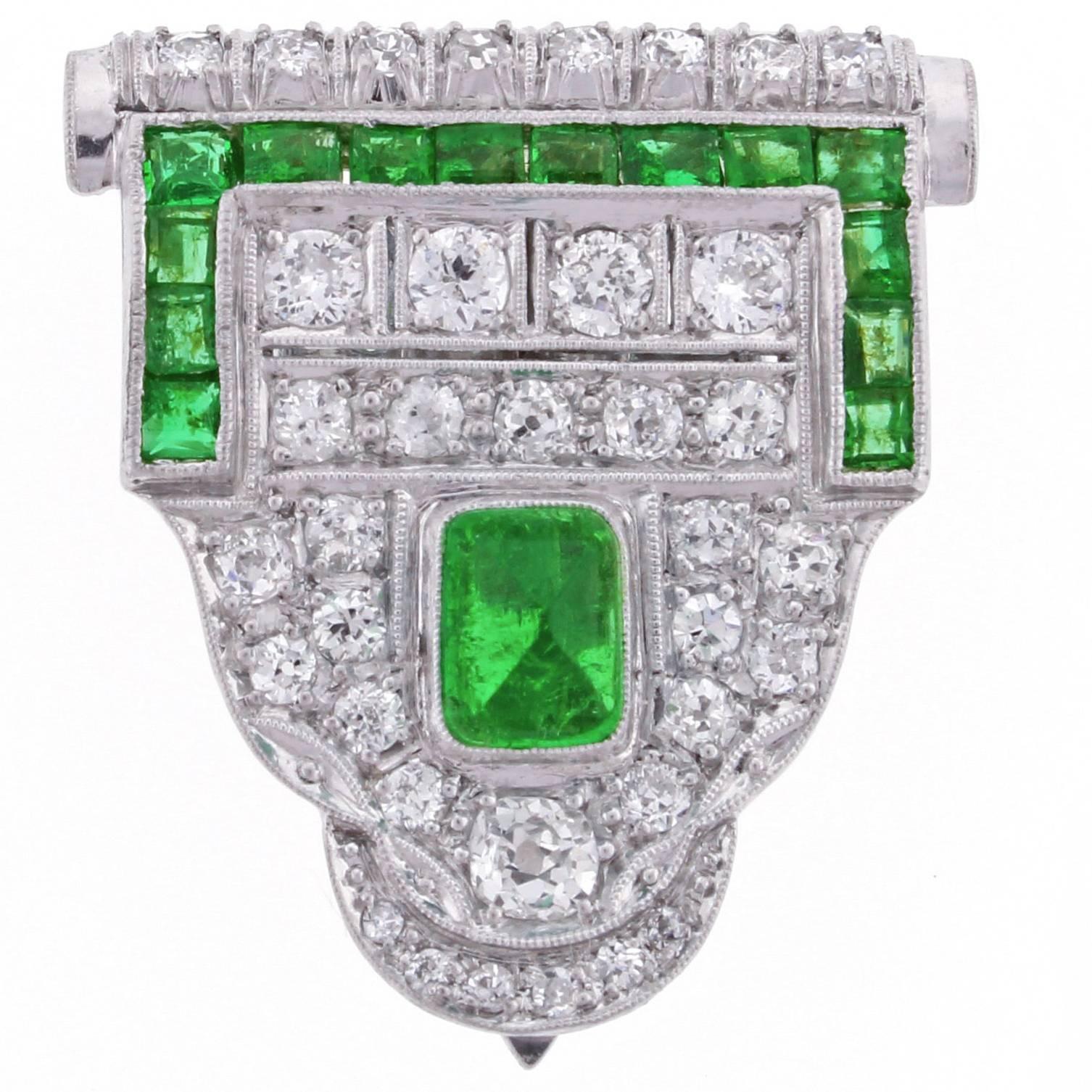 Art Deco Emerald Diamond Single Dress Clip