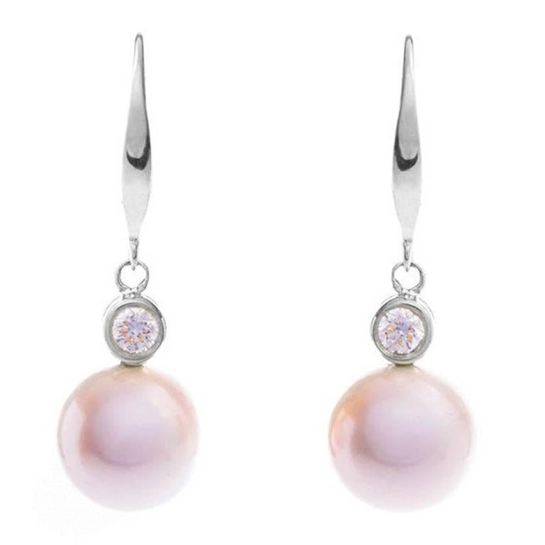 18 Carat White Gold Pearl and 0.26 Carat Diamond Pearl Drop Earrings For Sale