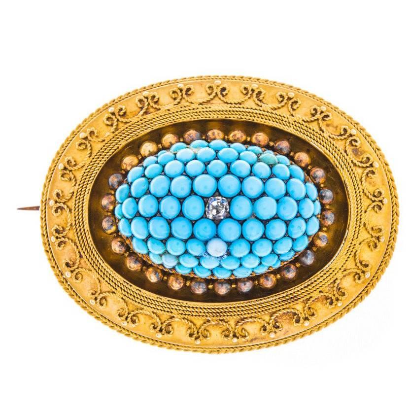 Victorian 15 Carat Gold Turquoise and Diamond Brooch