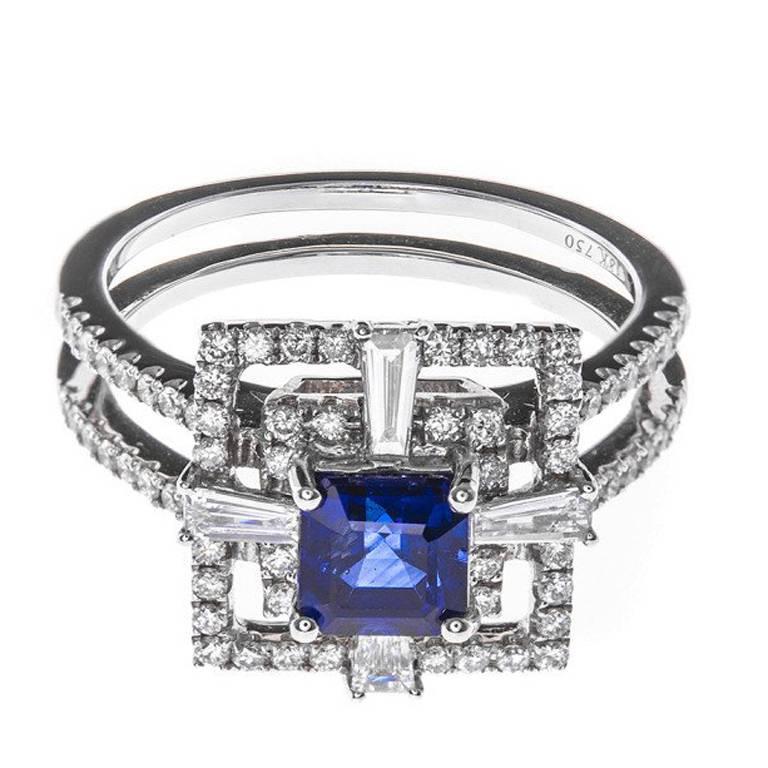 1.13 Carat Sapphire Diamond White Gold Cocktail Ring For Sale