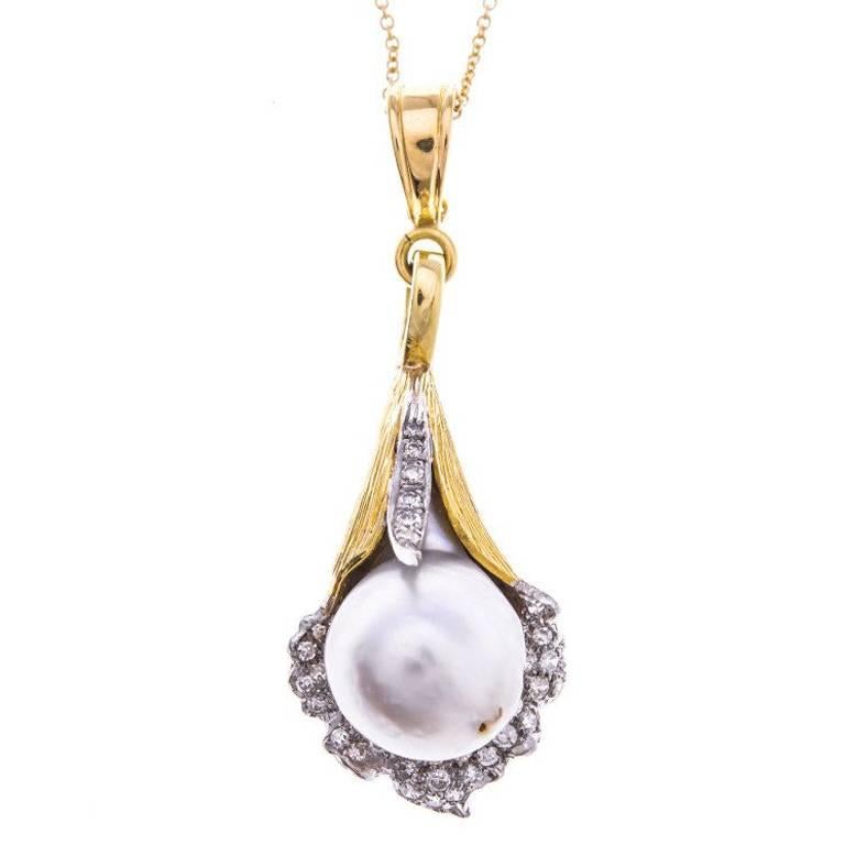 1970s Yellow Gold Pearl and 0.50 Carat Diamond Lily Pendant For Sale