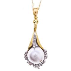 1970s Yellow Gold Pearl and 0.50 Carat Diamond Lily Pendant