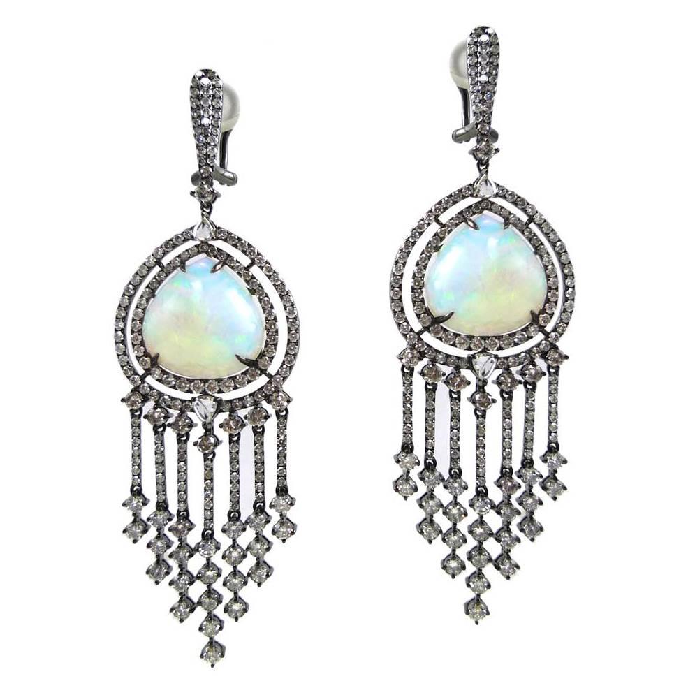 Ethiopian Opal Diamond Gold Chandelier Earrings For Sale